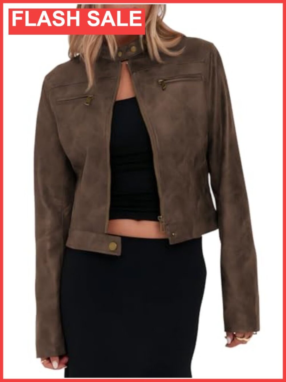 Faux Leather Cropped Moto Jacket Zip Up Stand Collar Motorcycle Coat